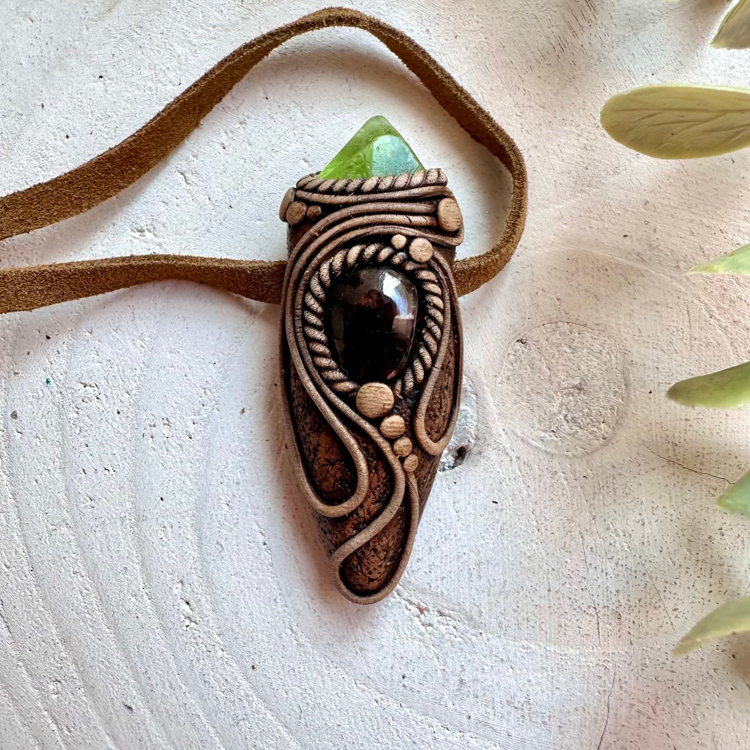 Crystal talisman necklace with red garnet and peridot healing gemstones