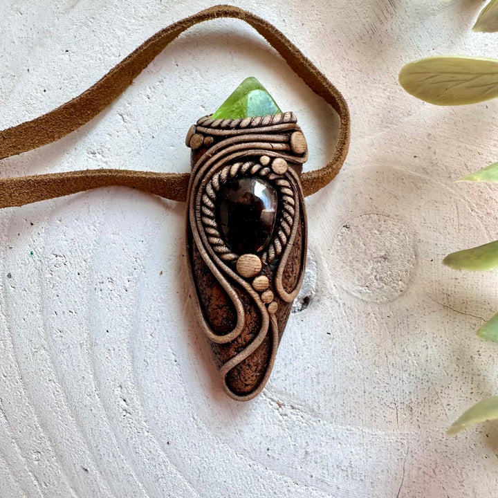 Crystal talisman necklace with red garnet and peridot healing gemstones