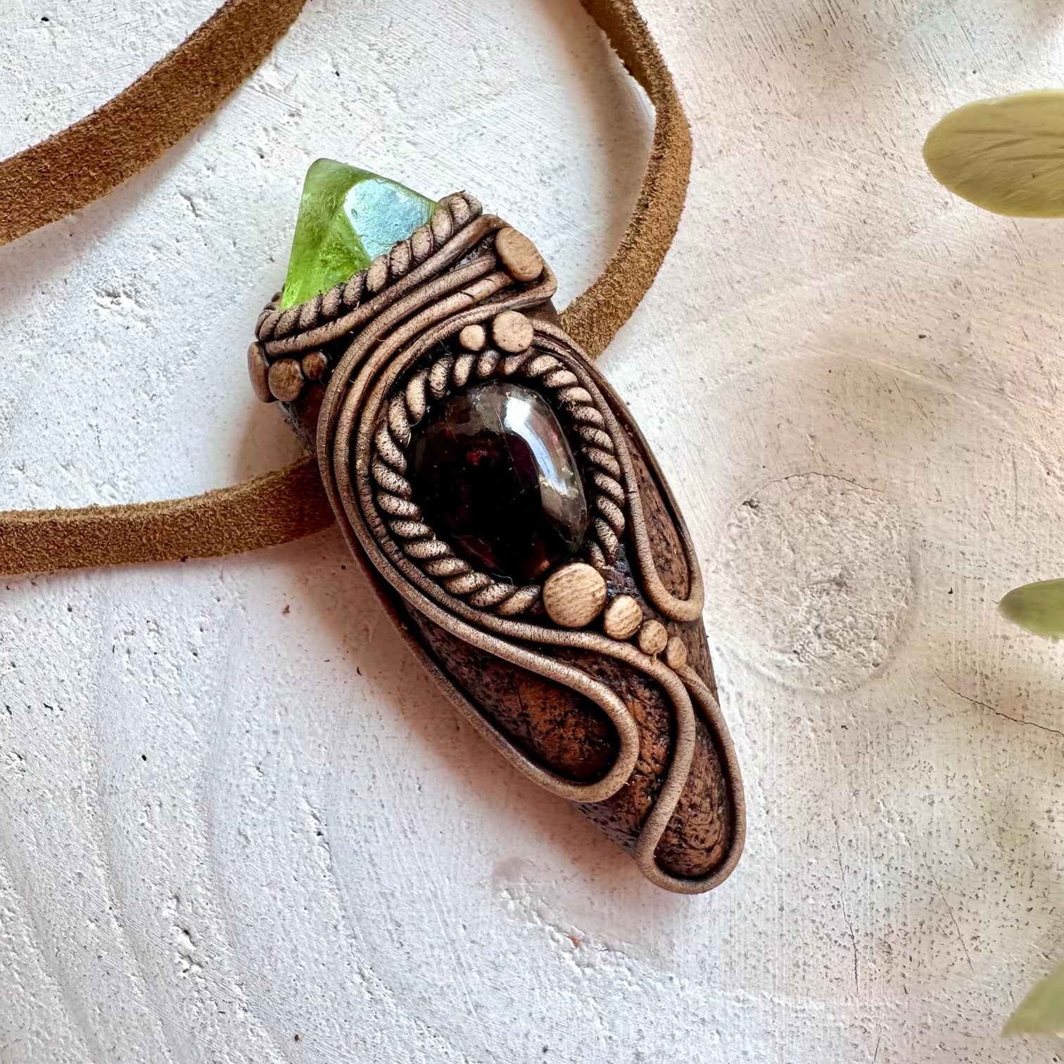 Red Garnet and Peridot pendant handmade unisex boho healing crystal necklace