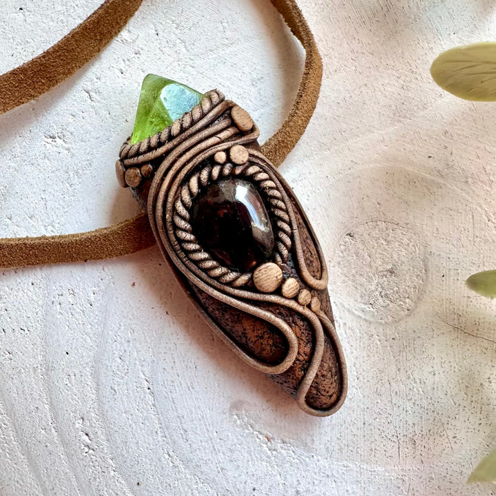 Red Garnet and Peridot pendant handmade unisex boho healing crystal necklace