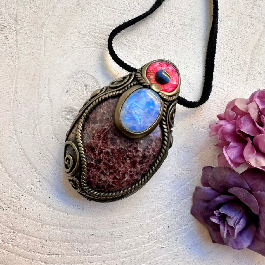 One-of-a-kind large Red Garnet and Rainbow Moonstone protective eye pendant, wearable spiritual talisman amulet.