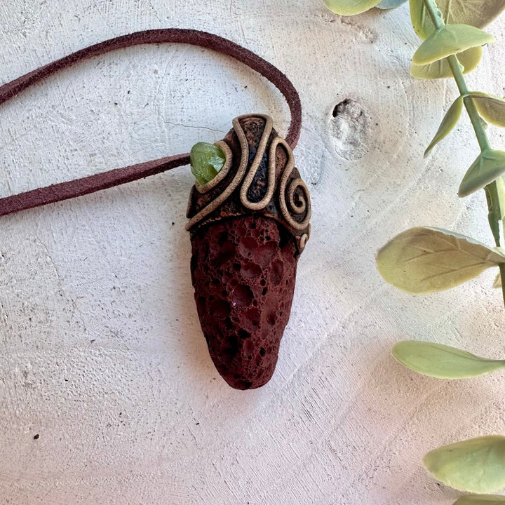 Red Lava Stone and Peridot pendant necklace handmade with natural gemstones