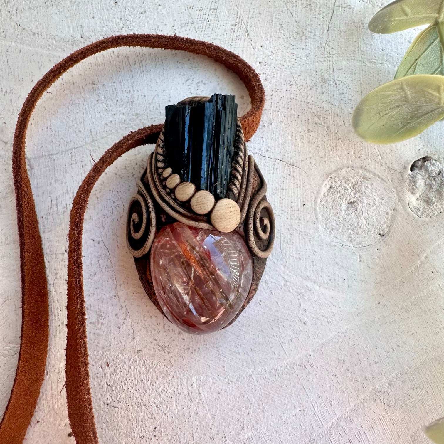 Red Quartz and Black Tourmaline pendant necklace handmade with raw crystals