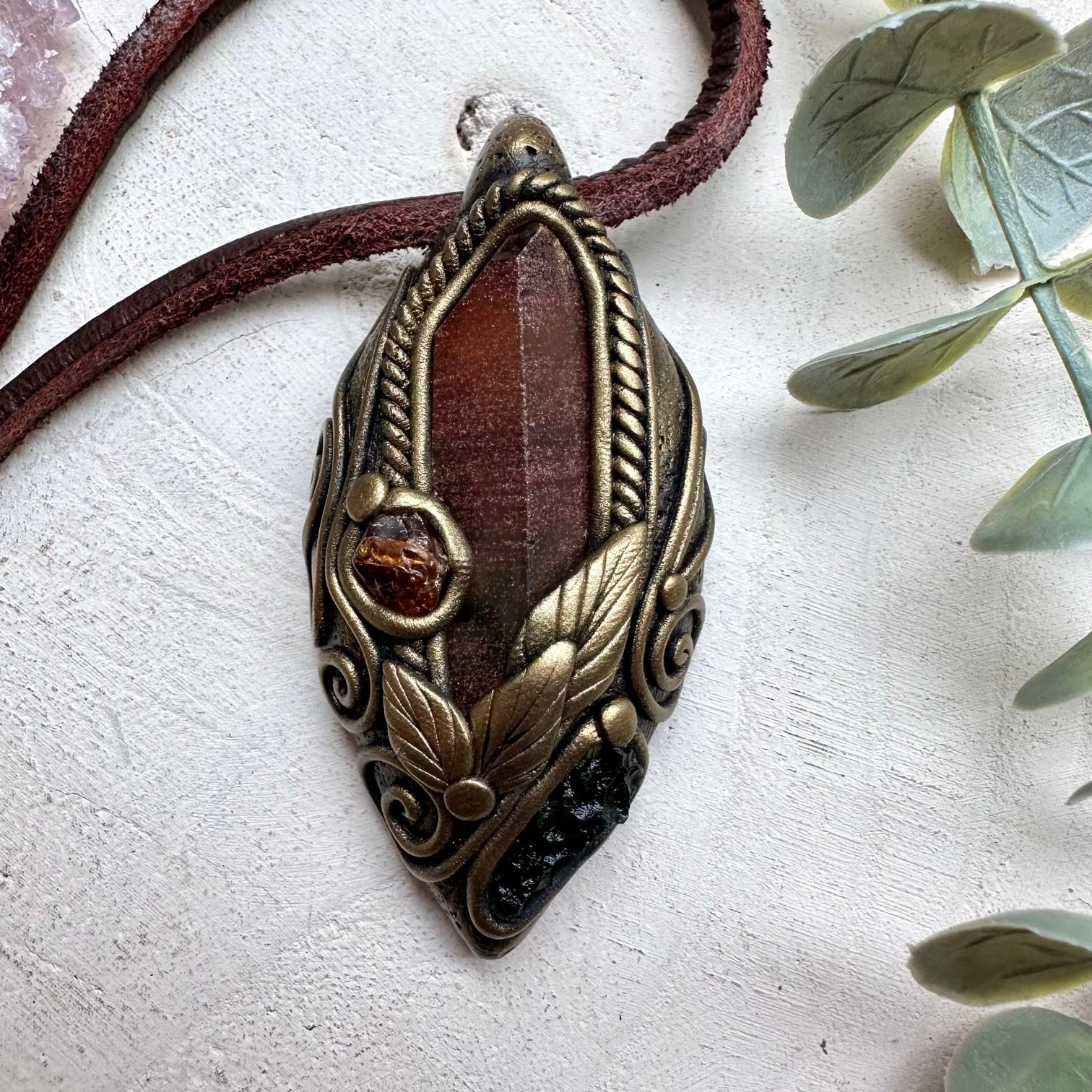 Red quartz moldavite and hessonite garnet necklace spiritual stone jewelry