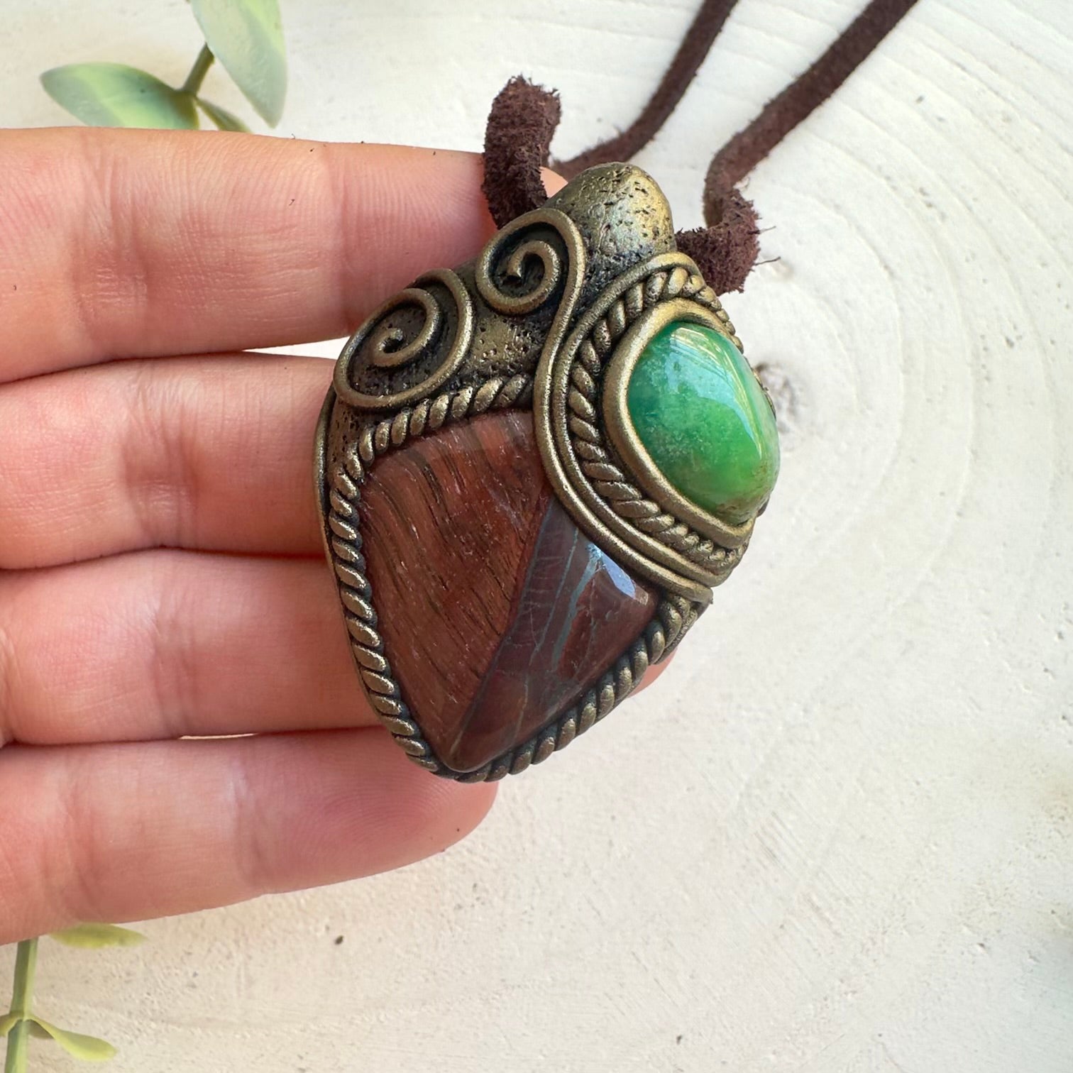 Red Tiger’s Eye and Chrysoprase pendant necklace handmade with natural gemstones
