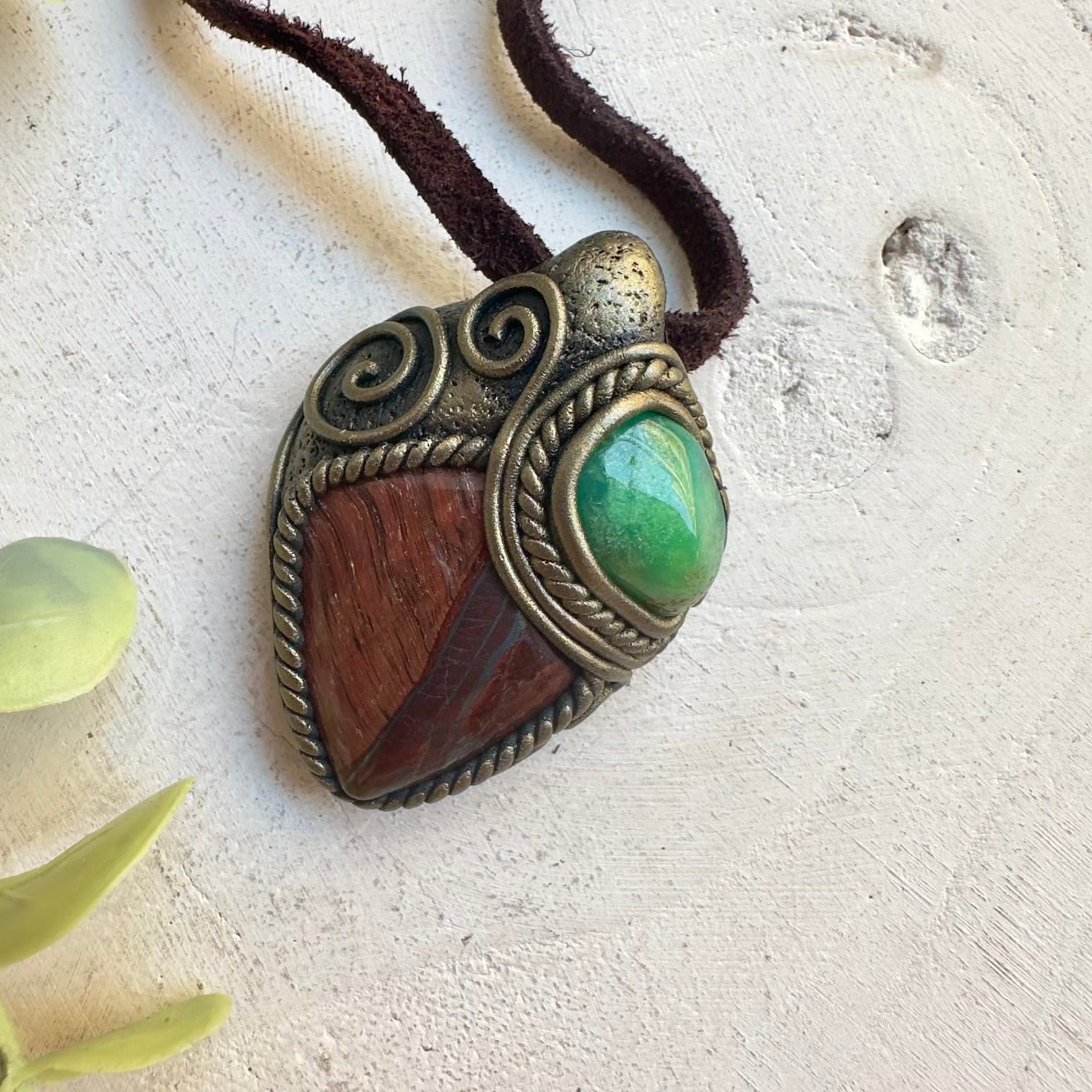 Protection amulet necklace with Chrysoprase and Red Tiger’s Eye stones