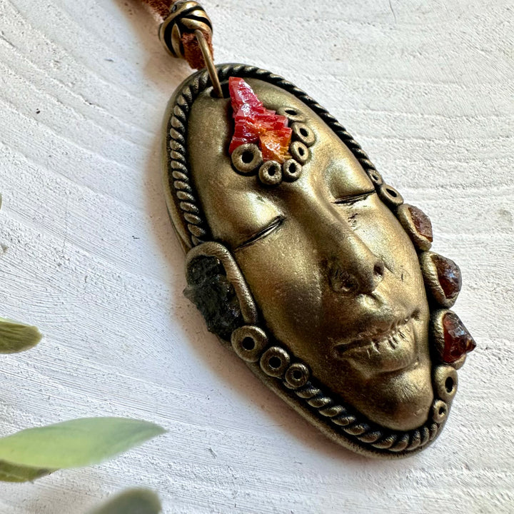 Natural gemstone necklace featuring striking red Vanadinite with green Moldavite details.