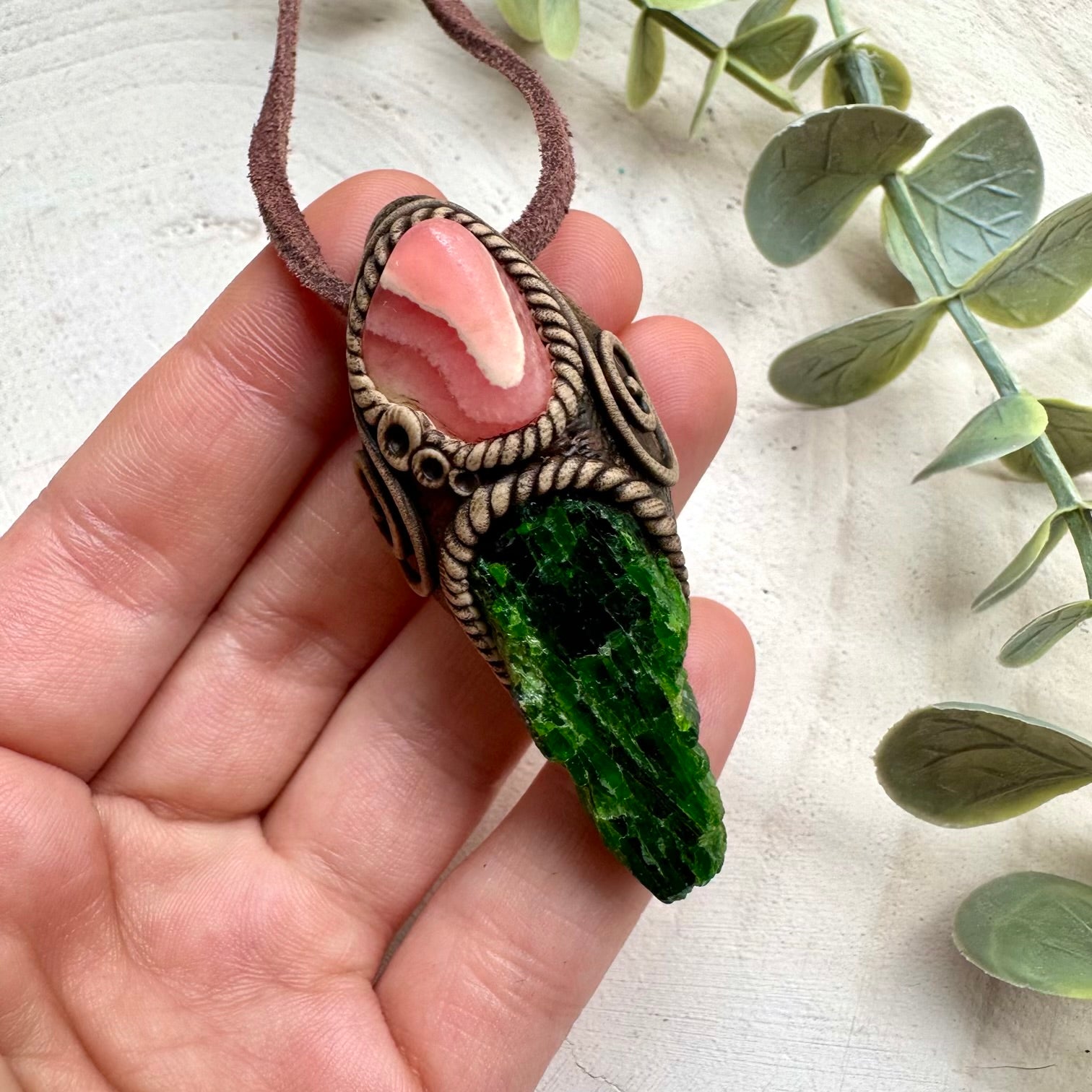 Handmade necklace with chrome diopside and rhodochrosite