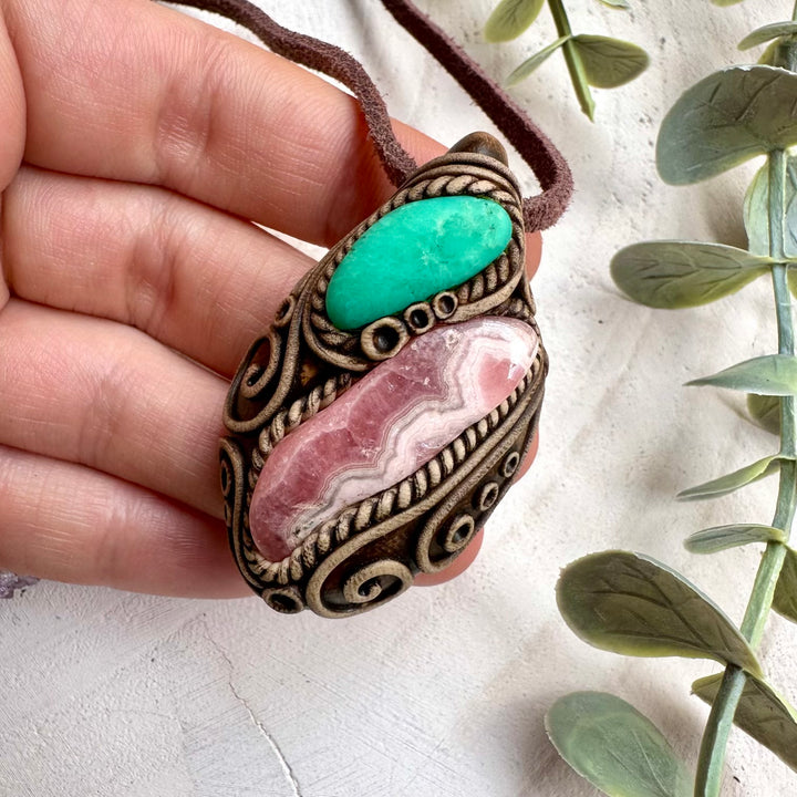 Rhodochrosite and chrysoprase pendant necklace