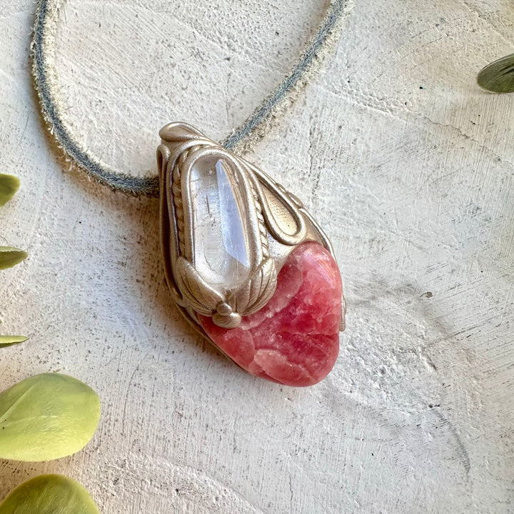 Crystal talisman necklace with rhodochrosite and danburite healing stones