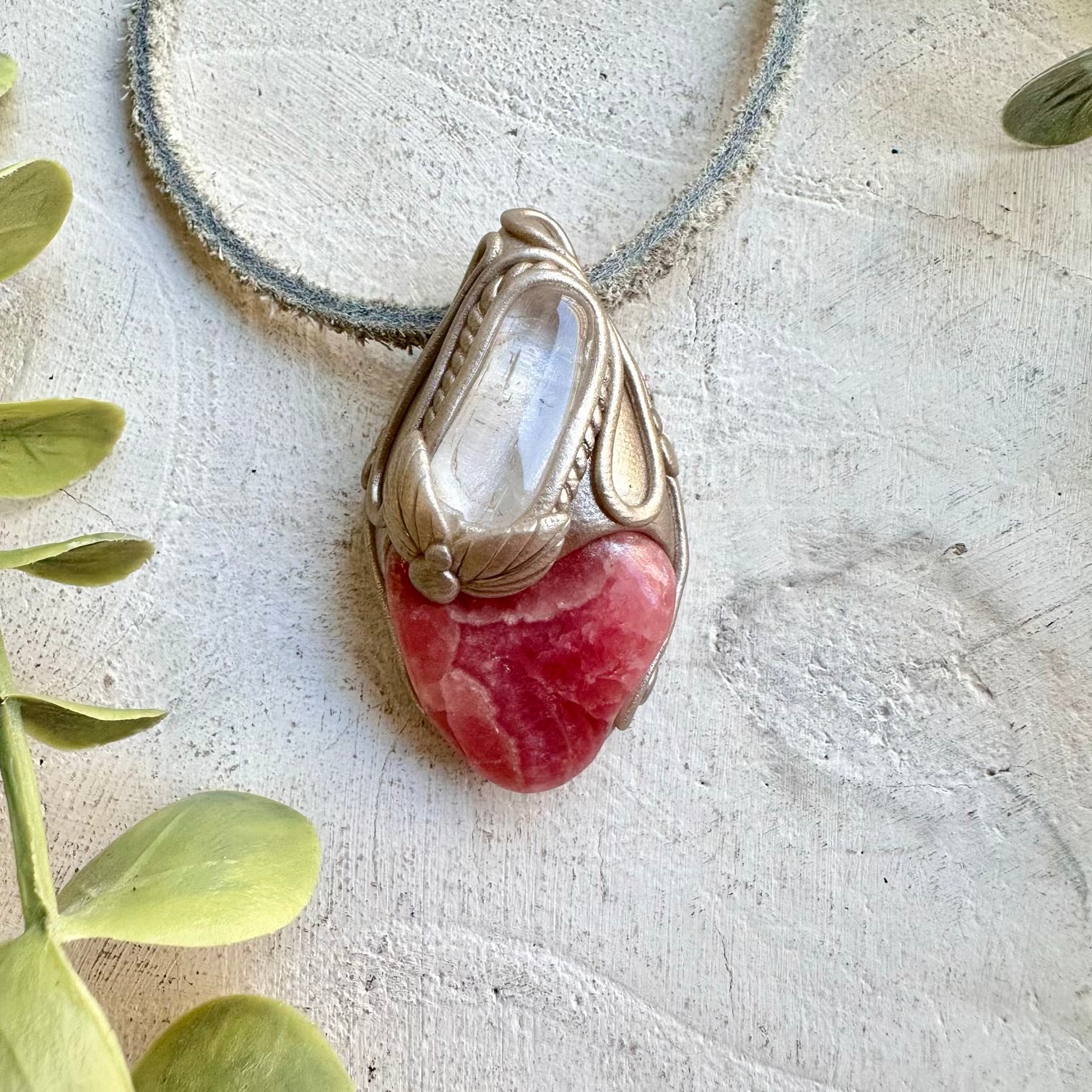 Rhodochrosite and Danburite crystal necklace handmade boho healing crystal jewelry