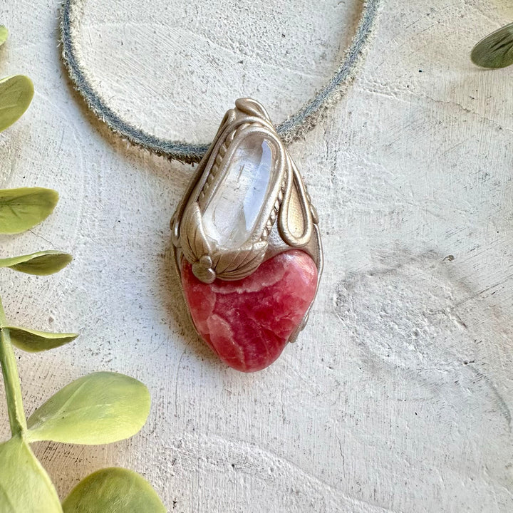 Rhodochrosite and Danburite crystal necklace handmade boho healing crystal jewelry