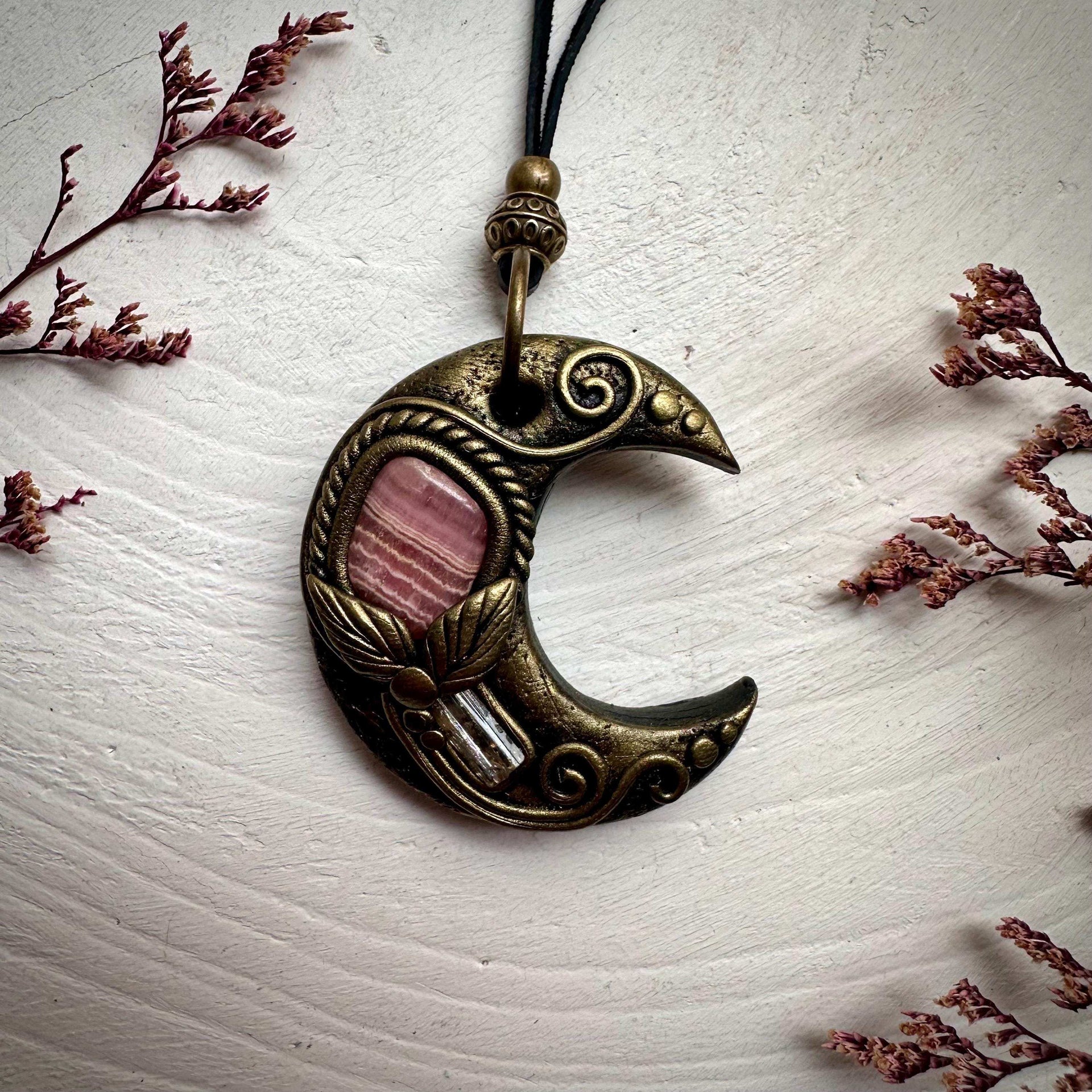 Rhodochrosite and Imperial Topaz Moon Necklace - FairyGardenGlow