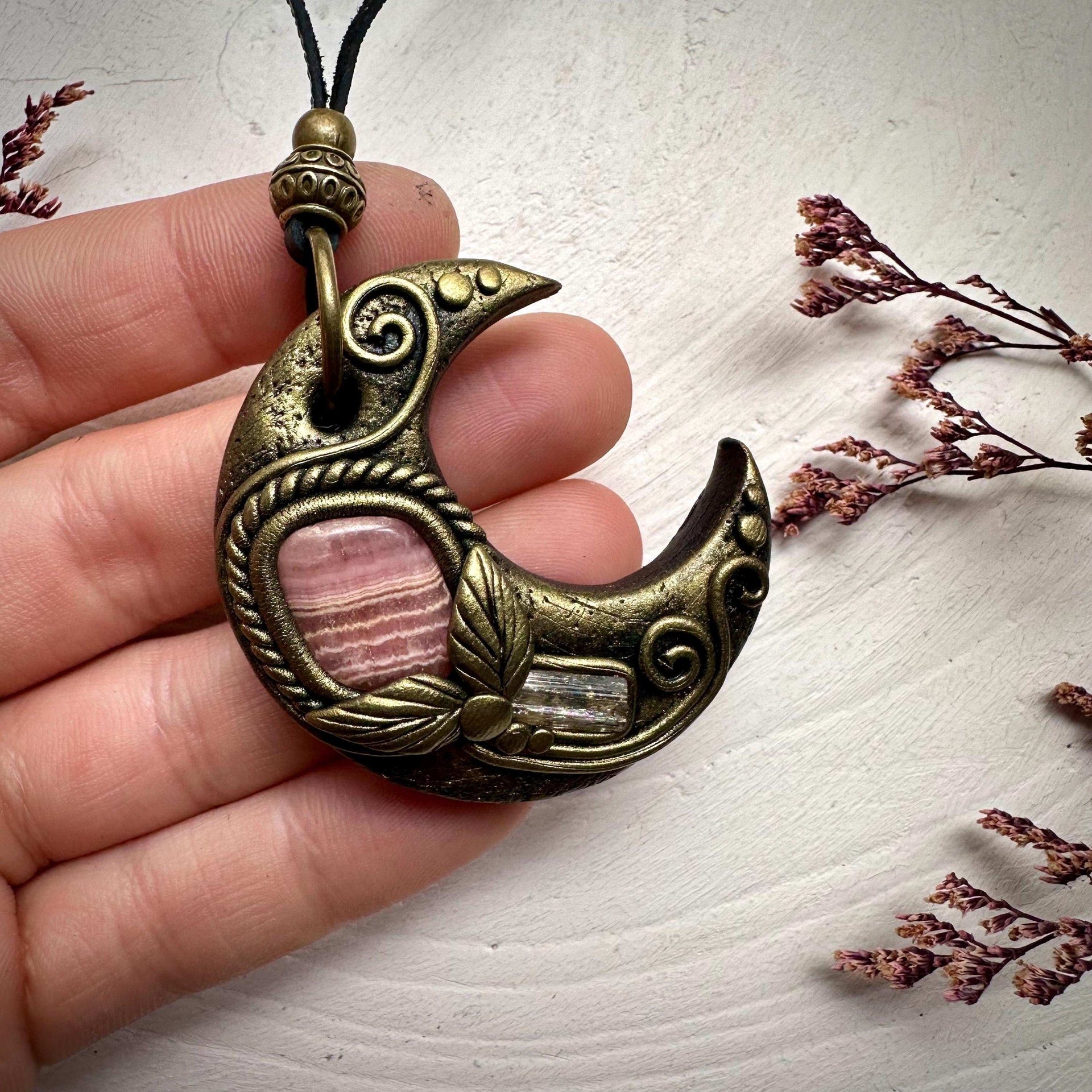Rhodochrosite and Imperial Topaz Moon Necklace - FairyGardenGlow