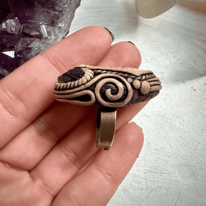 Rhodochrosite and Moldavite Ring - FairyGardenGlow