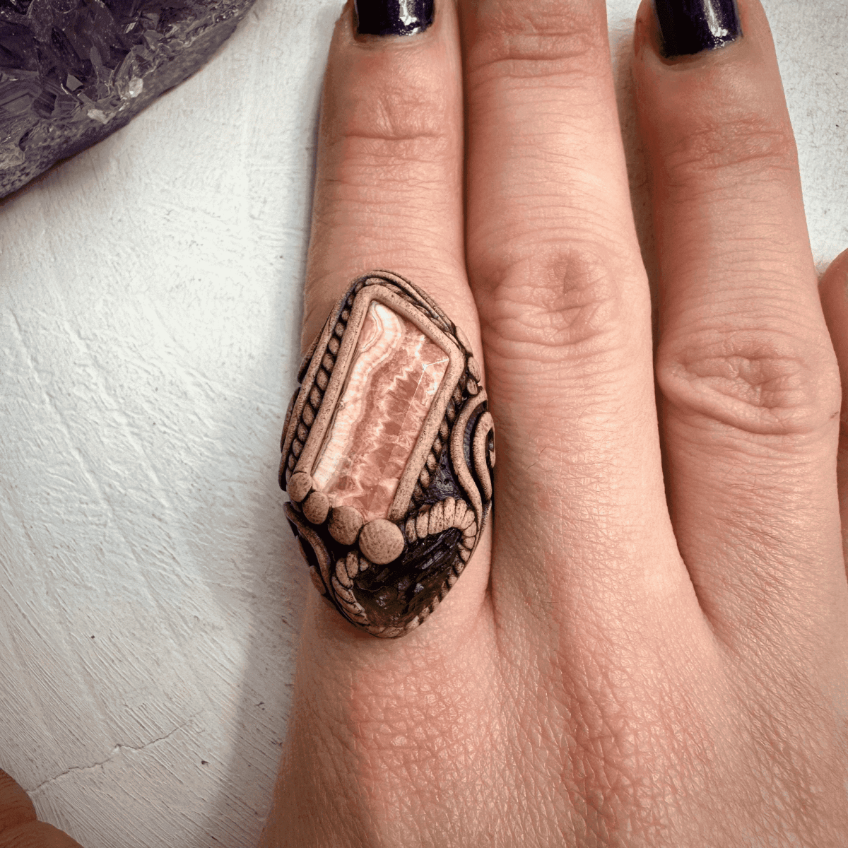 Rhodochrosite and Moldavite Ring - FairyGardenGlow