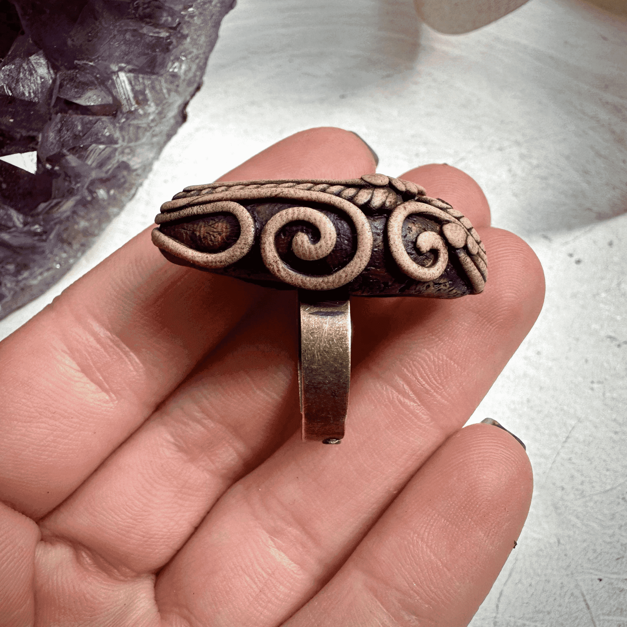 Rhodochrosite and Moldavite Ring - FairyGardenGlow