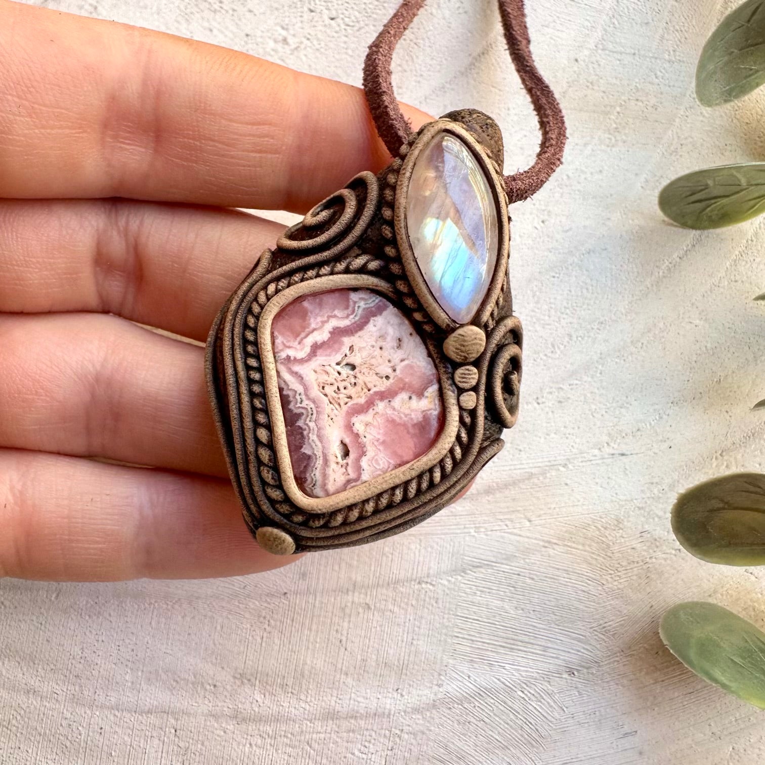 Spiritual gemstone necklace with rhodochrosite and moonstone
