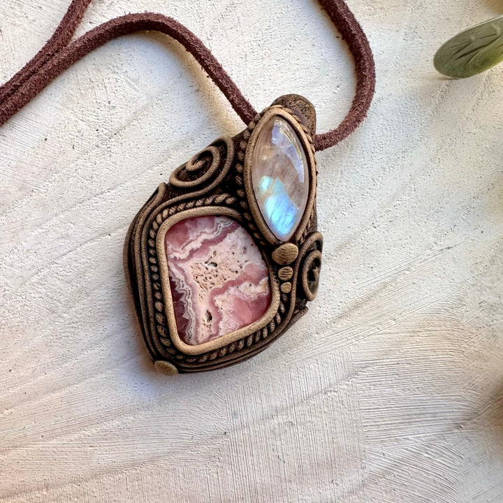 Rhodochrosite and moonstone pendant gemstone clay necklace