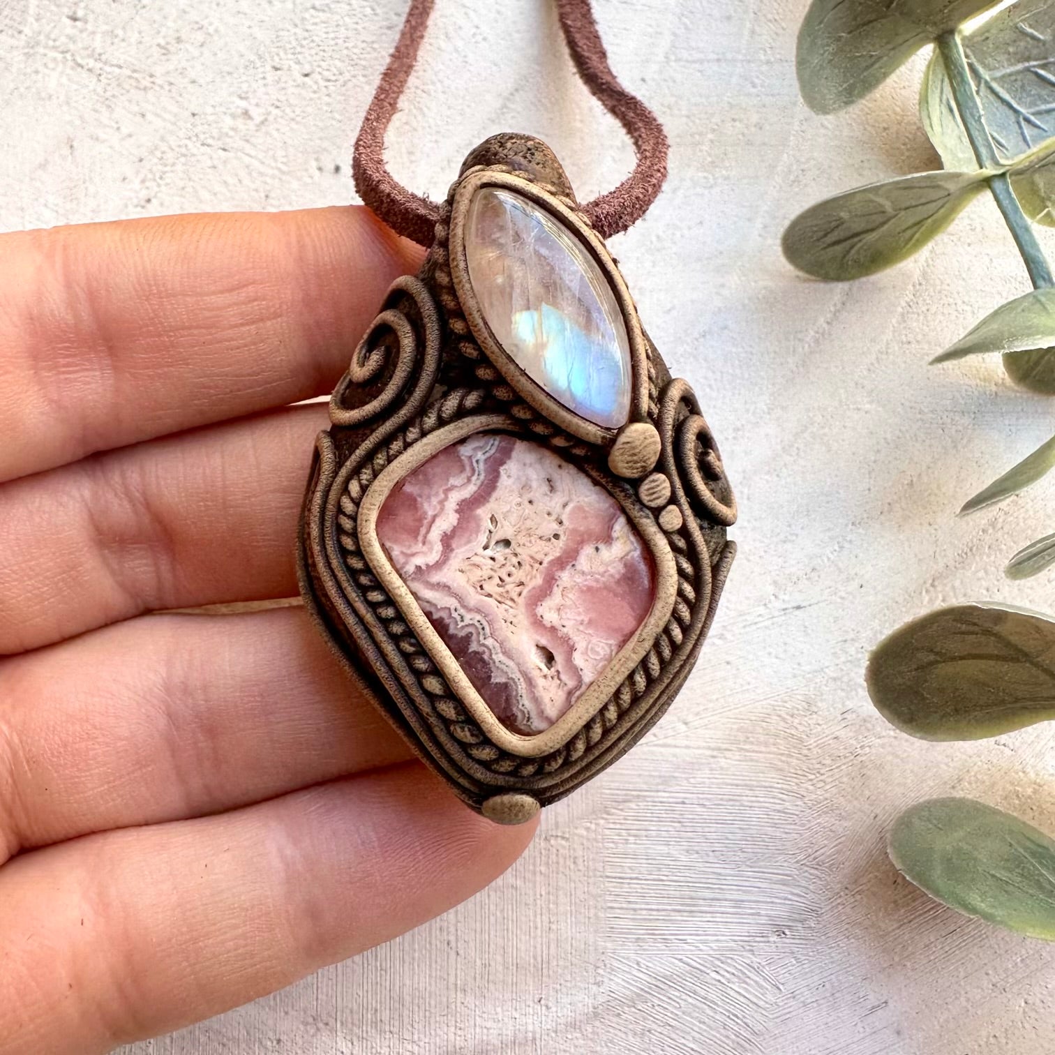 Rhodochrosite and moonstone handmade clay jewelry