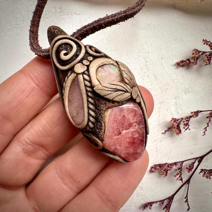 Rhodochrosite Morganite and Raw Opal Necklace - FairyGardenGlow