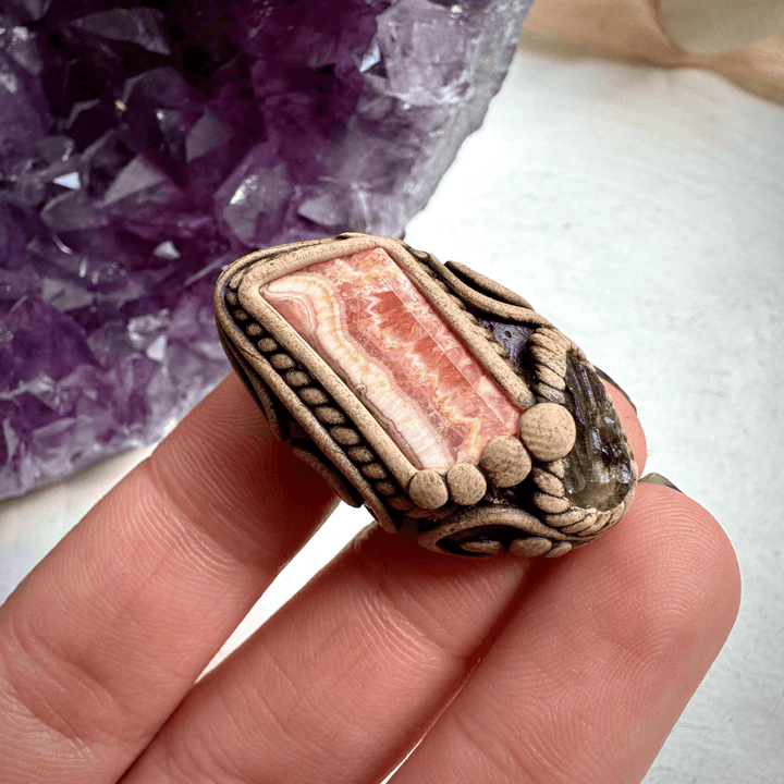 Rhodochrosite and Moldavite Ring - FairyGardenGlow