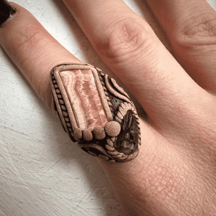 Rhodochrosite and Moldavite Ring - FairyGardenGlow