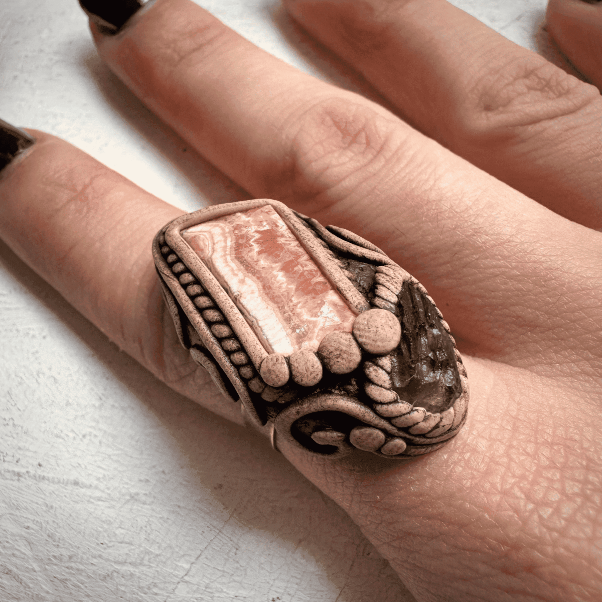 Rhodochrosite and Moldavite Ring - FairyGardenGlow