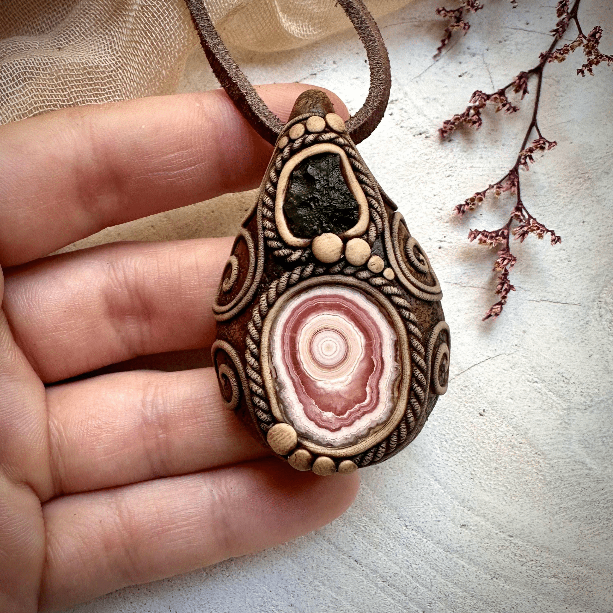 Rhodochrosite Stalactite and Moldavite Necklace - FairyGardenGlow