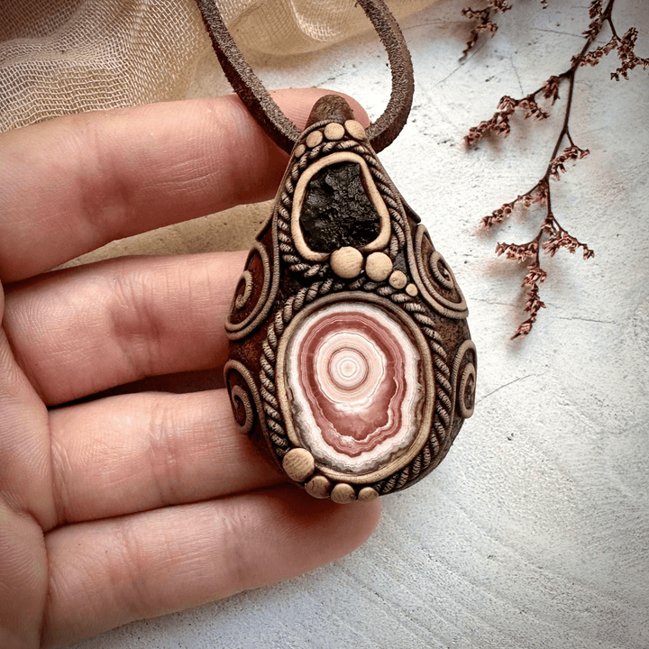 Rhodochrosite Stalactite and Moldavite Necklace - FairyGardenGlow