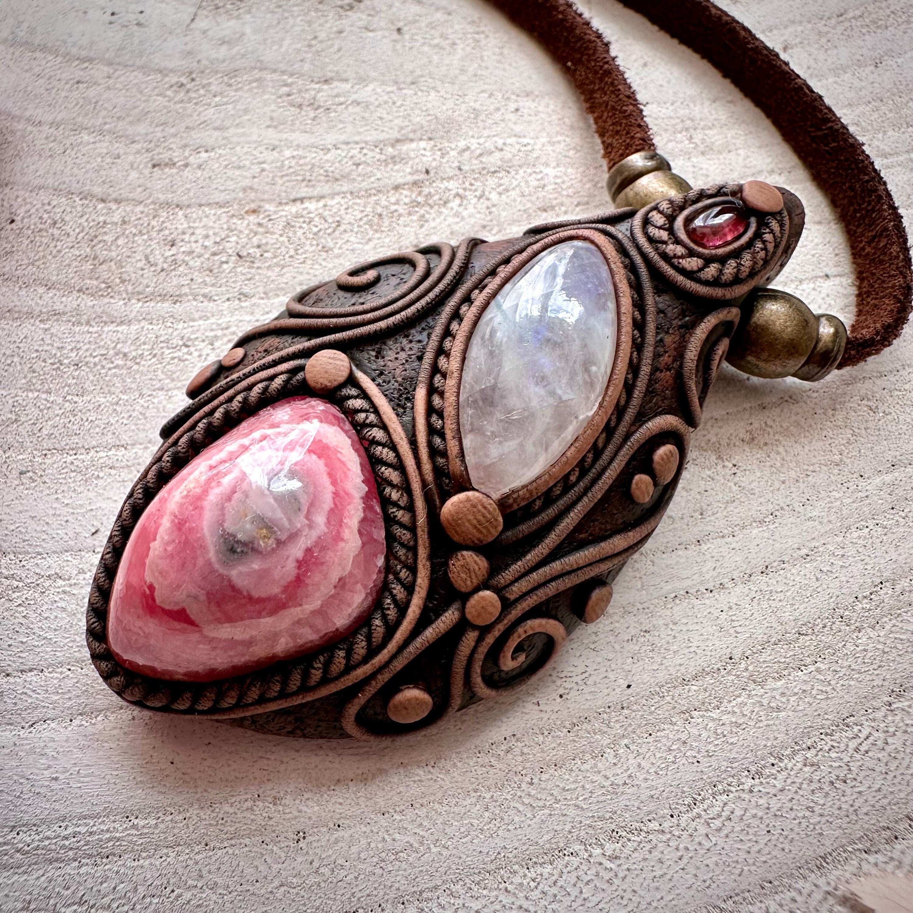 Rhodochrosite Stalactite Moonstone and Pink Tourmaline Necklace - FairyGardenGlow