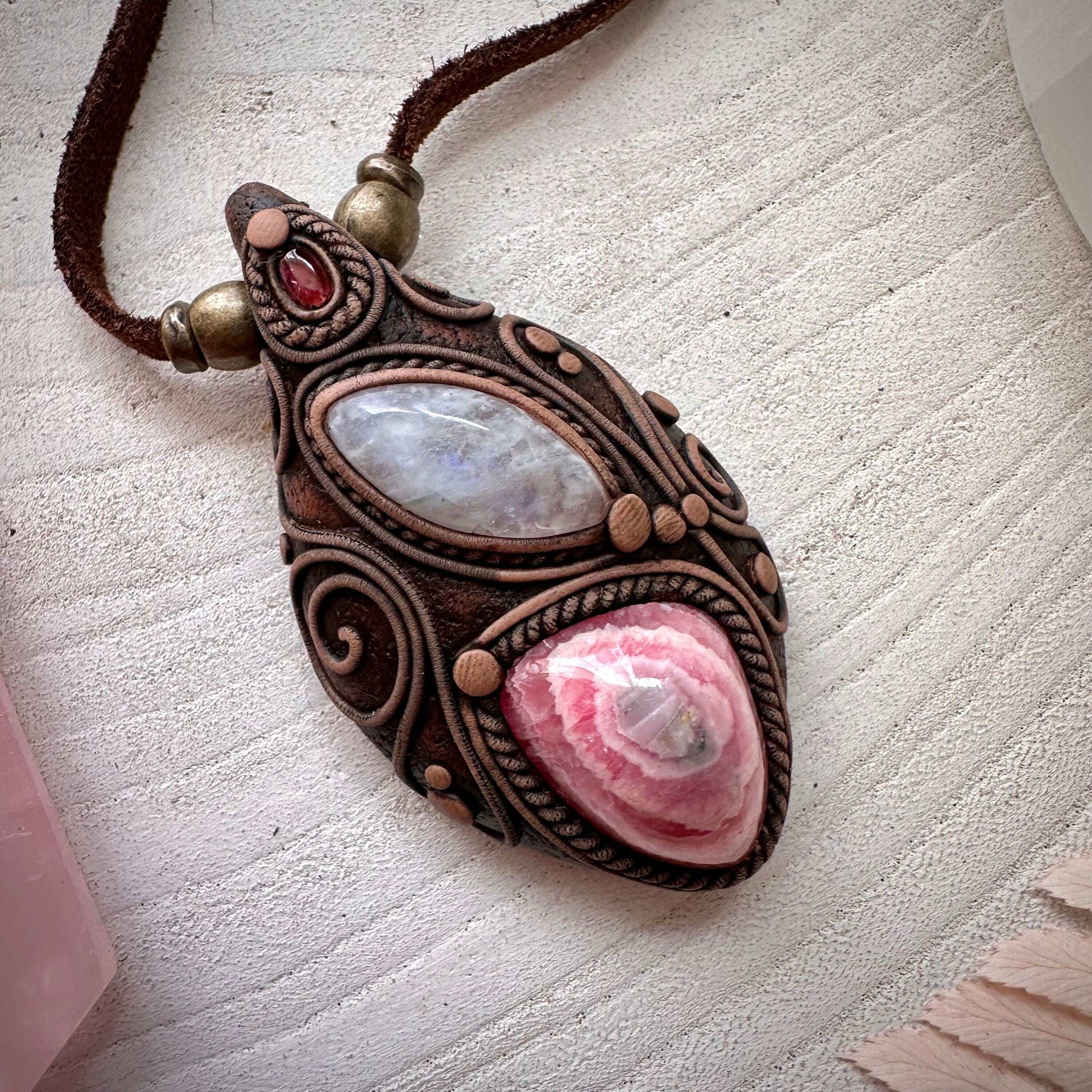 Rhodochrosite Stalactite Moonstone and Pink Tourmaline Necklace - FairyGardenGlow