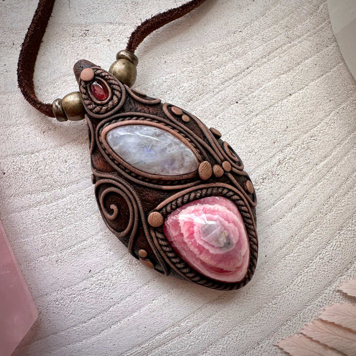 Rhodochrosite Stalactite Moonstone and Pink Tourmaline Necklace - FairyGardenGlow