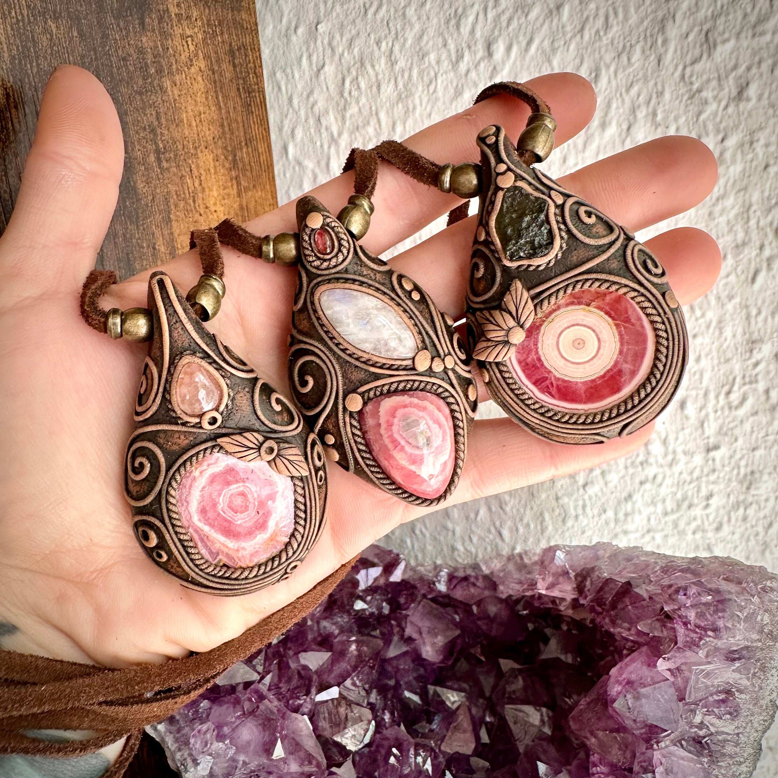 Rhodochrosite Stalactite Moonstone and Pink Tourmaline Necklace - FairyGardenGlow