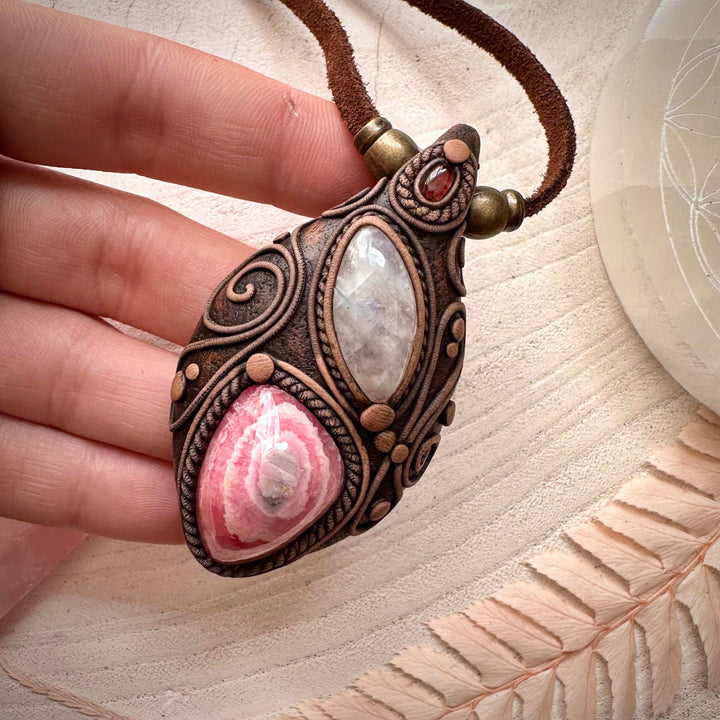 Rhodochrosite Stalactite Moonstone and Pink Tourmaline Necklace - FairyGardenGlow