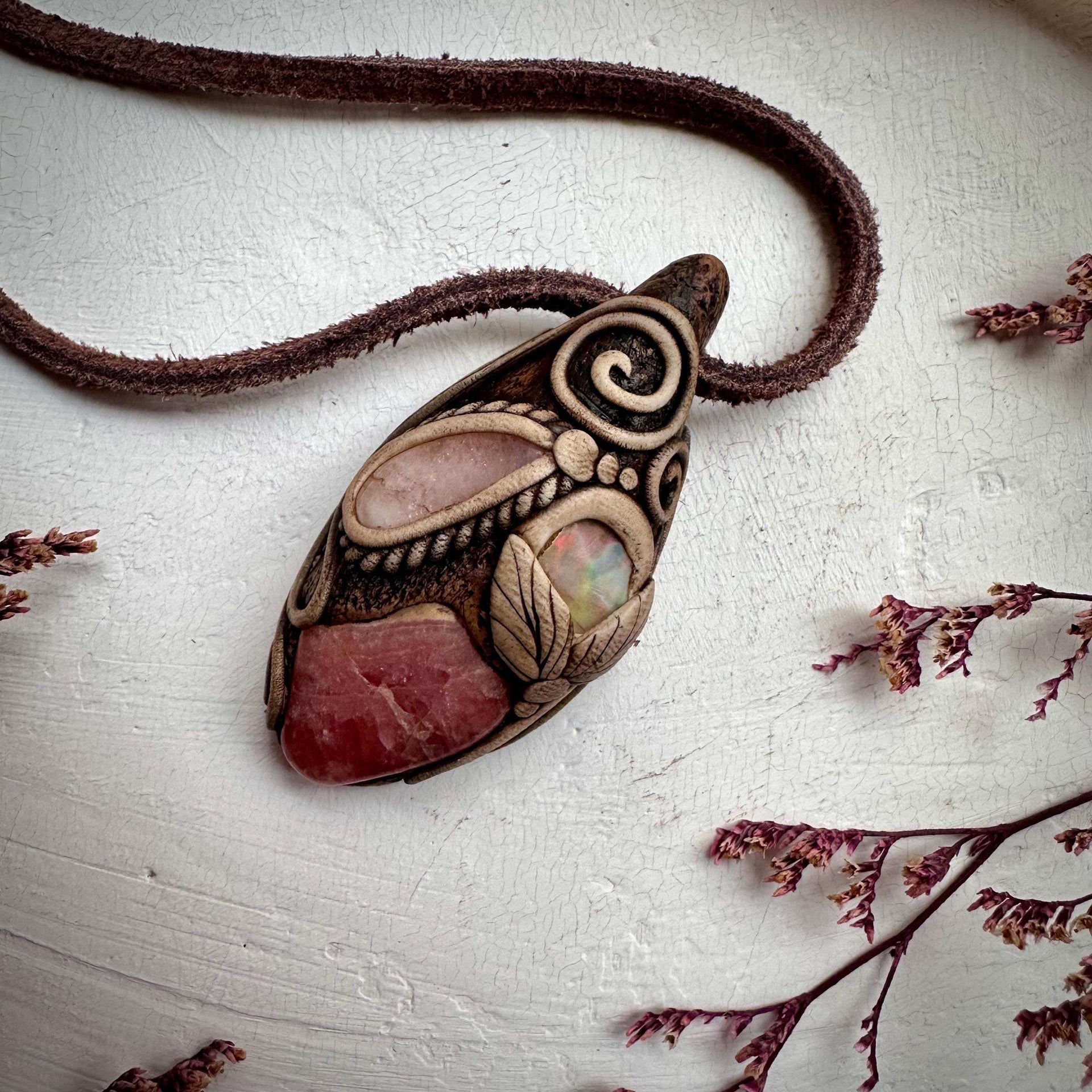 Rhodochrosite Morganite and Raw Opal Necklace - FairyGardenGlow