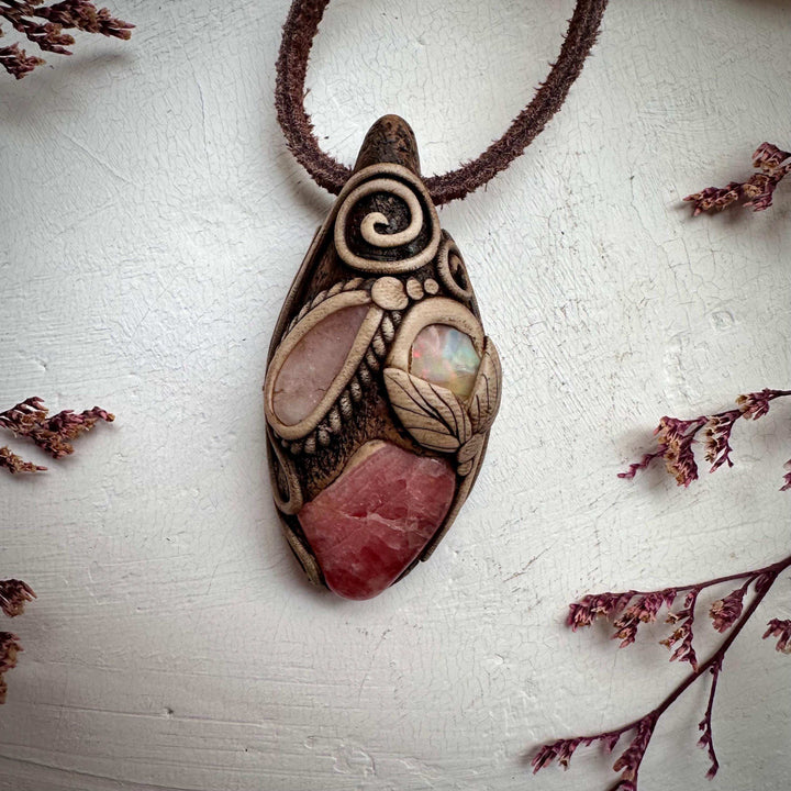 Rhodochrosite Morganite and Raw Opal Necklace - FairyGardenGlow