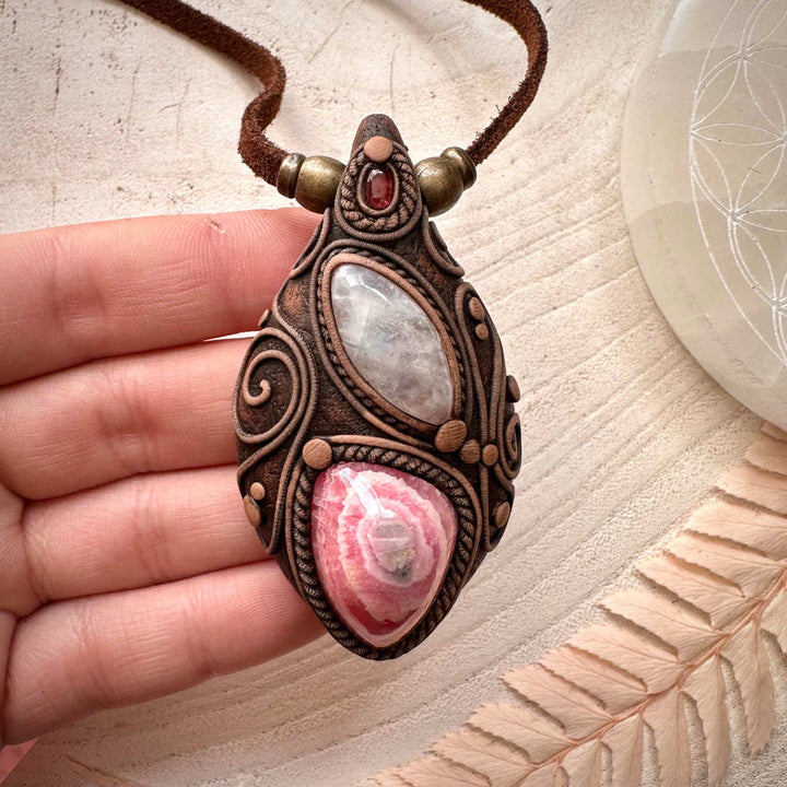Rhodochrosite Stalactite Moonstone and Pink Tourmaline Necklace - FairyGardenGlow