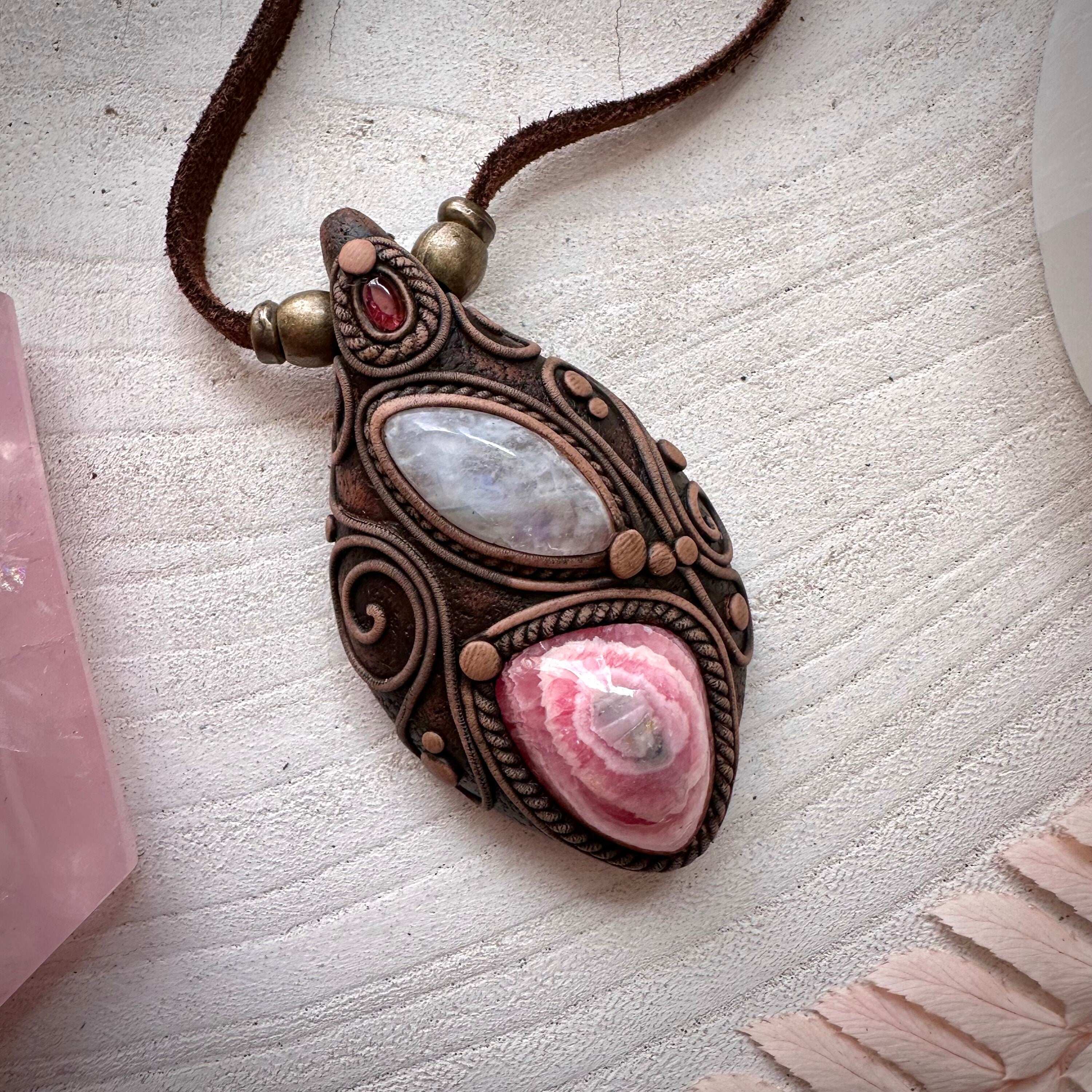 Rhodochrosite Stalactite Moonstone and Pink Tourmaline Necklace - FairyGardenGlow