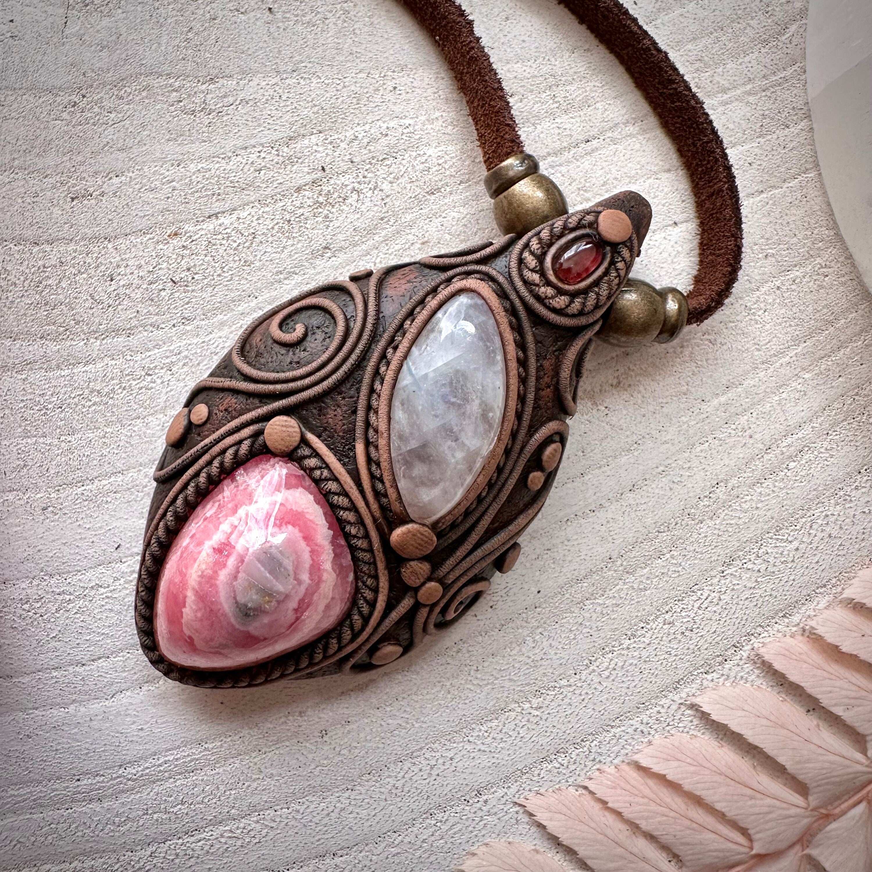 Rhodochrosite Stalactite Moonstone and Pink Tourmaline Necklace - FairyGardenGlow