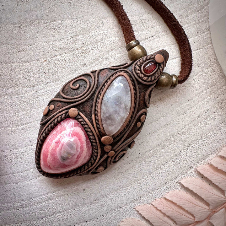 Rhodochrosite Stalactite Moonstone and Pink Tourmaline Necklace - FairyGardenGlow