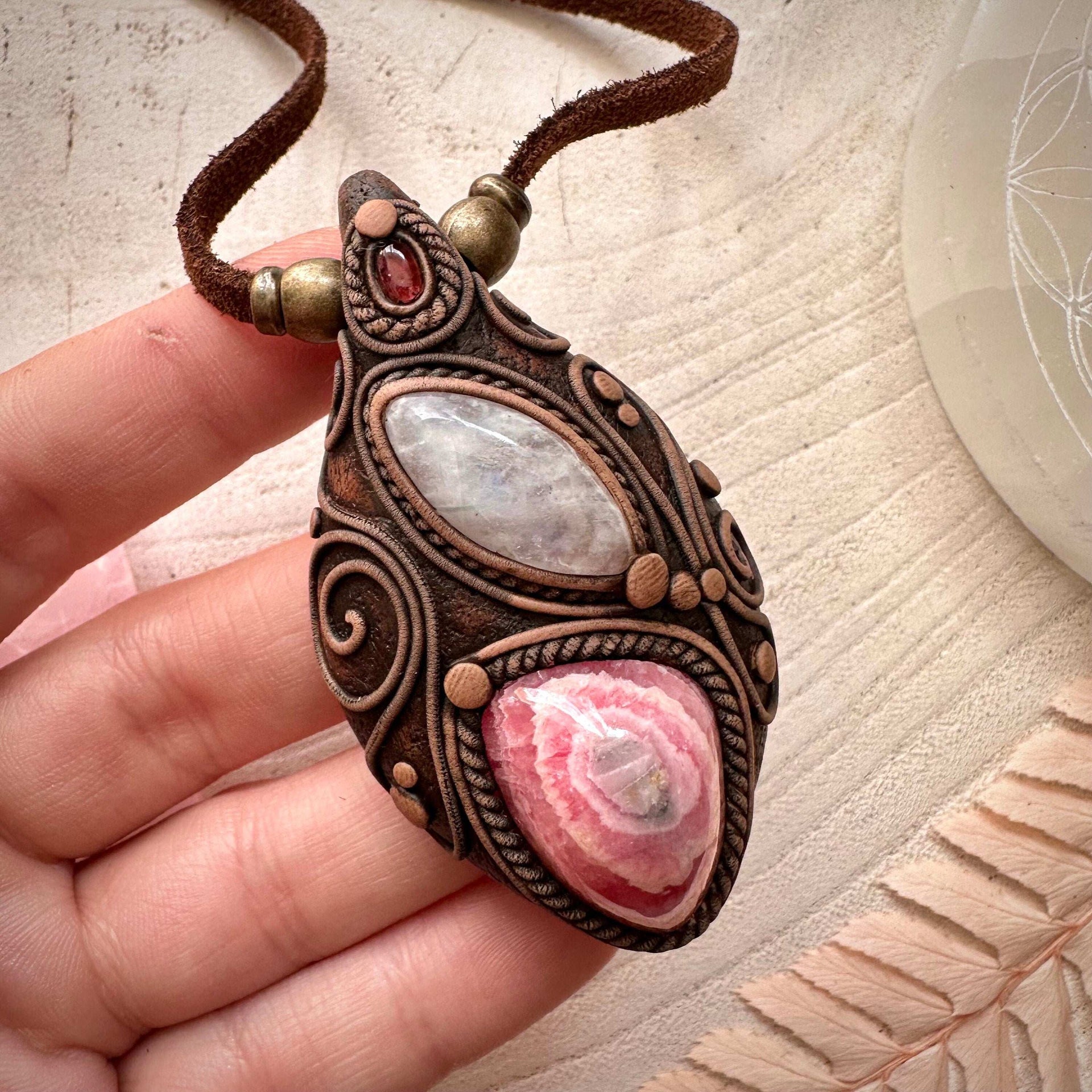 Rhodochrosite Stalactite Moonstone and Pink Tourmaline Necklace - FairyGardenGlow