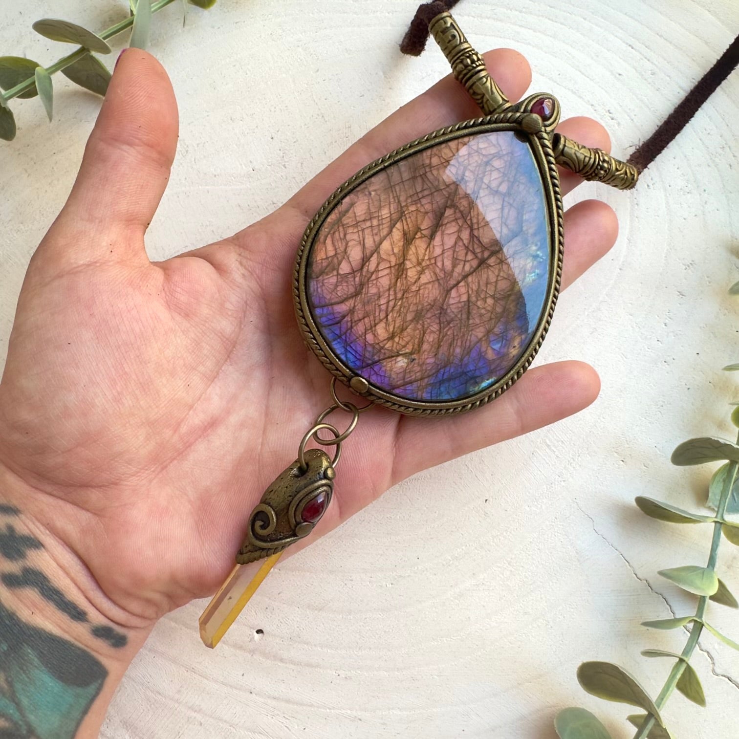 Handmade statement crystal necklace featuring Sunset Labradorite