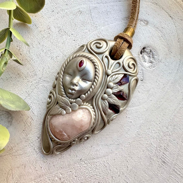 Healing crystal goddess pendant with morganite and ruby