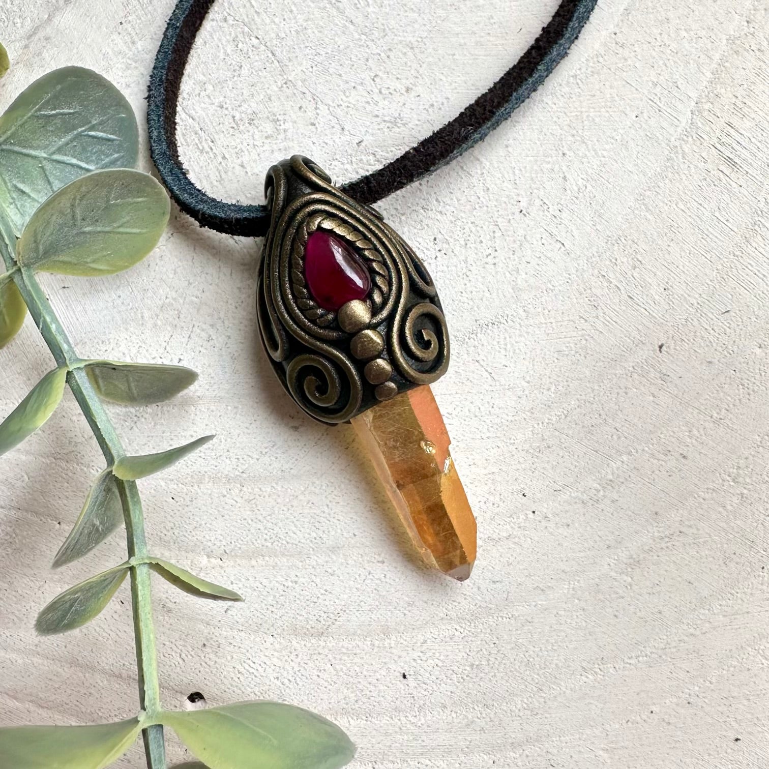 Artisan handmade necklace combining Sunset Aura Quartz and Rhodolite Garnet in elegant spiritual jewelry design.