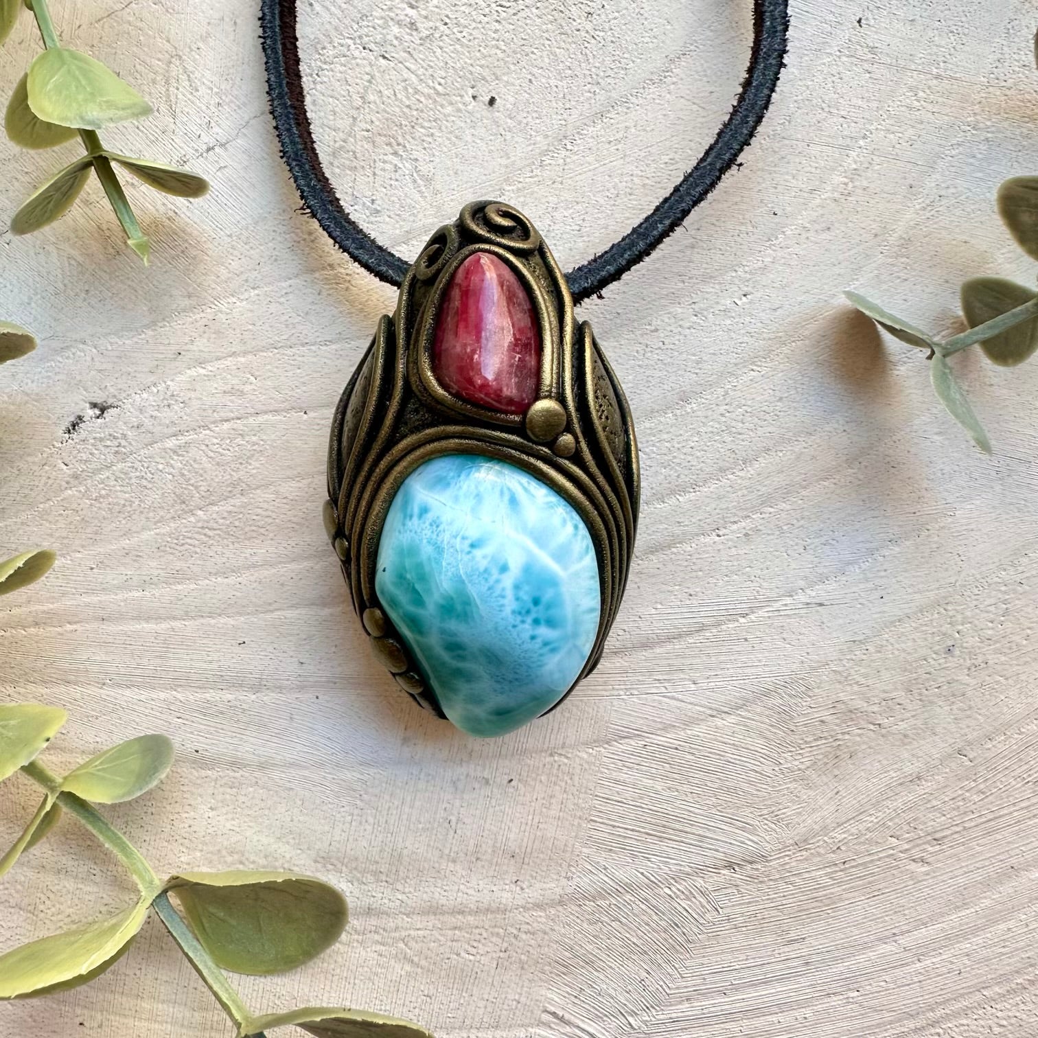 Handmade necklace with larimar and rhodonite gemstone