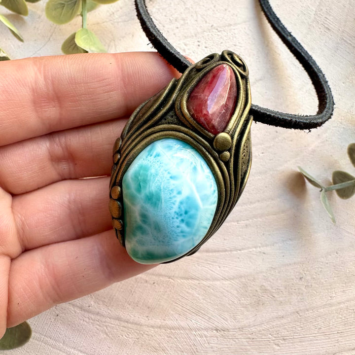 Spiritual jewelry combining larimar and rhodonite