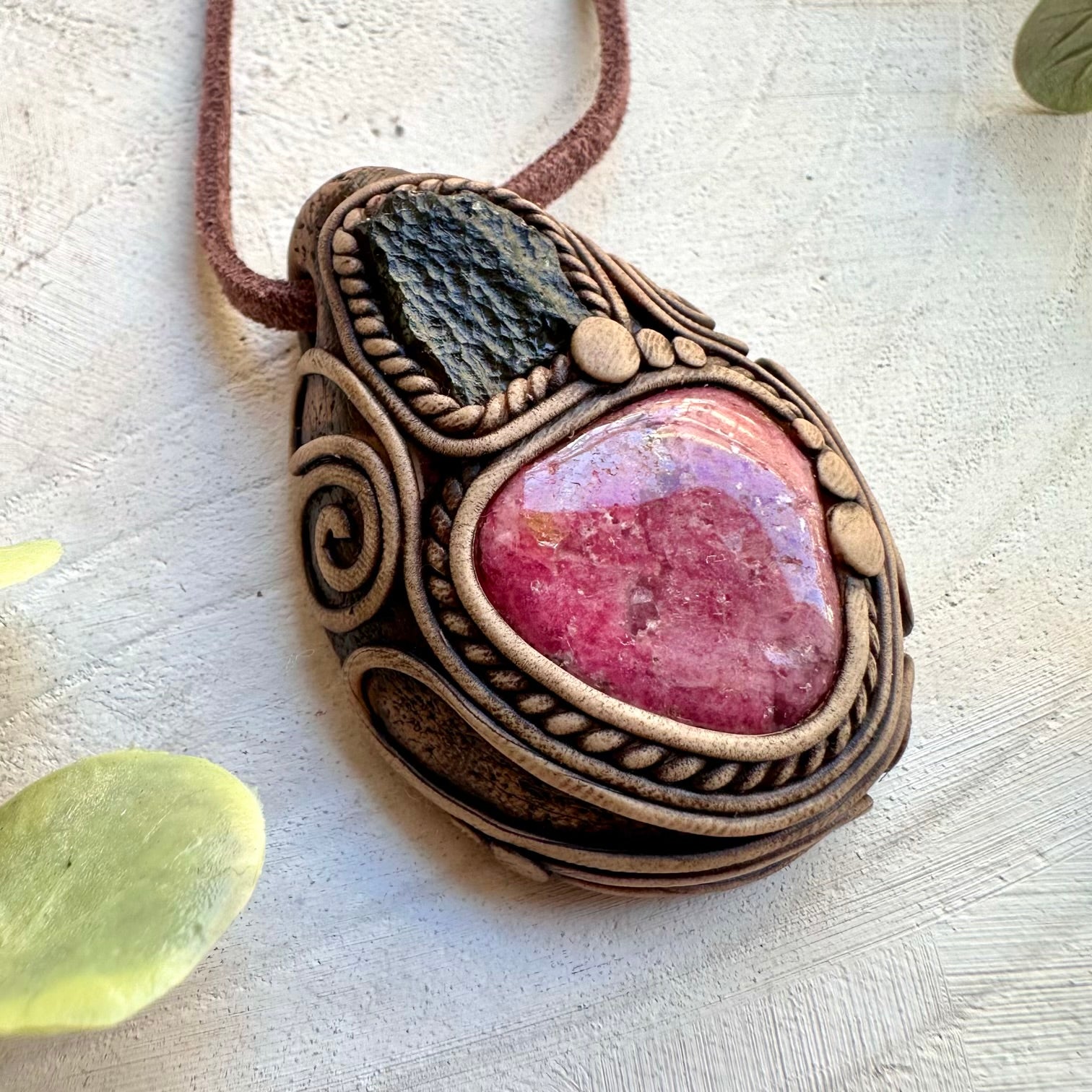 One of a kind rhodonite and moldavite gemstone necklace