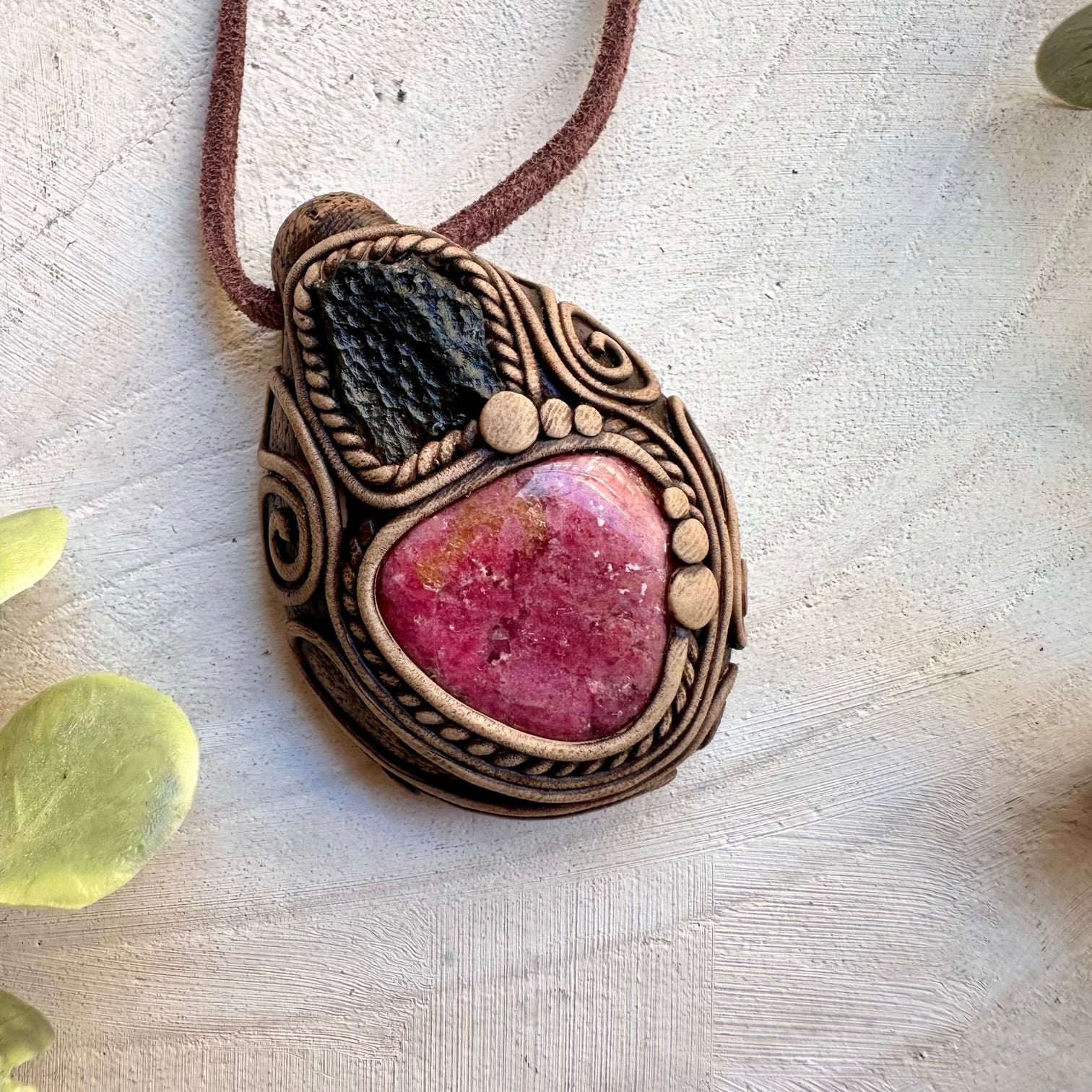 Rhodonite and moldavite healing crystal necklace