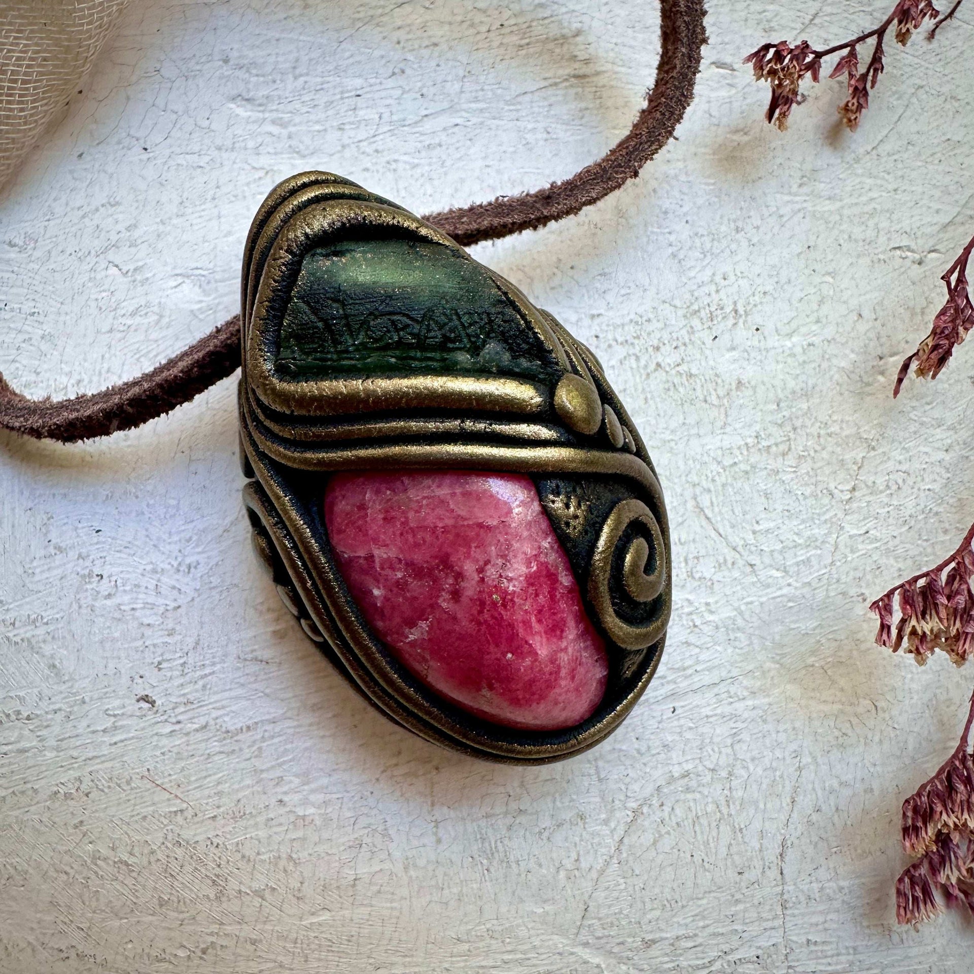 Rhodonite and Moldavite Pendant Necklace - FairyGardenGlow